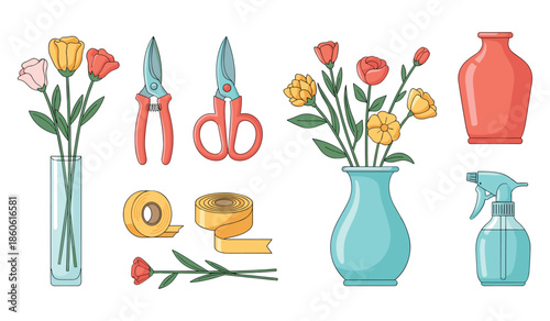 Floral tools and arrangements with colorful vases and pruning shears