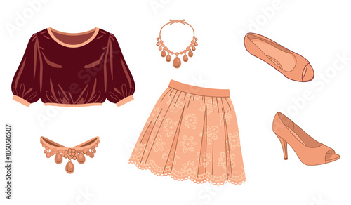 Elegant women's fashion ensemble with skirt, blouse, jewelry, and footwear