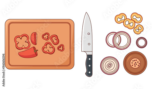 Sliced vegetables and knife on cutting board cartoon illustration