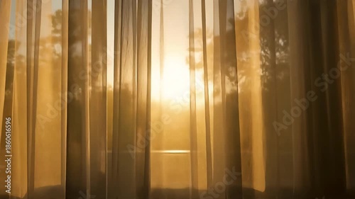 Sunlight streaming through sheer curtains, creating a warm and inviting atmosphere, soft focus on the window and trees outside