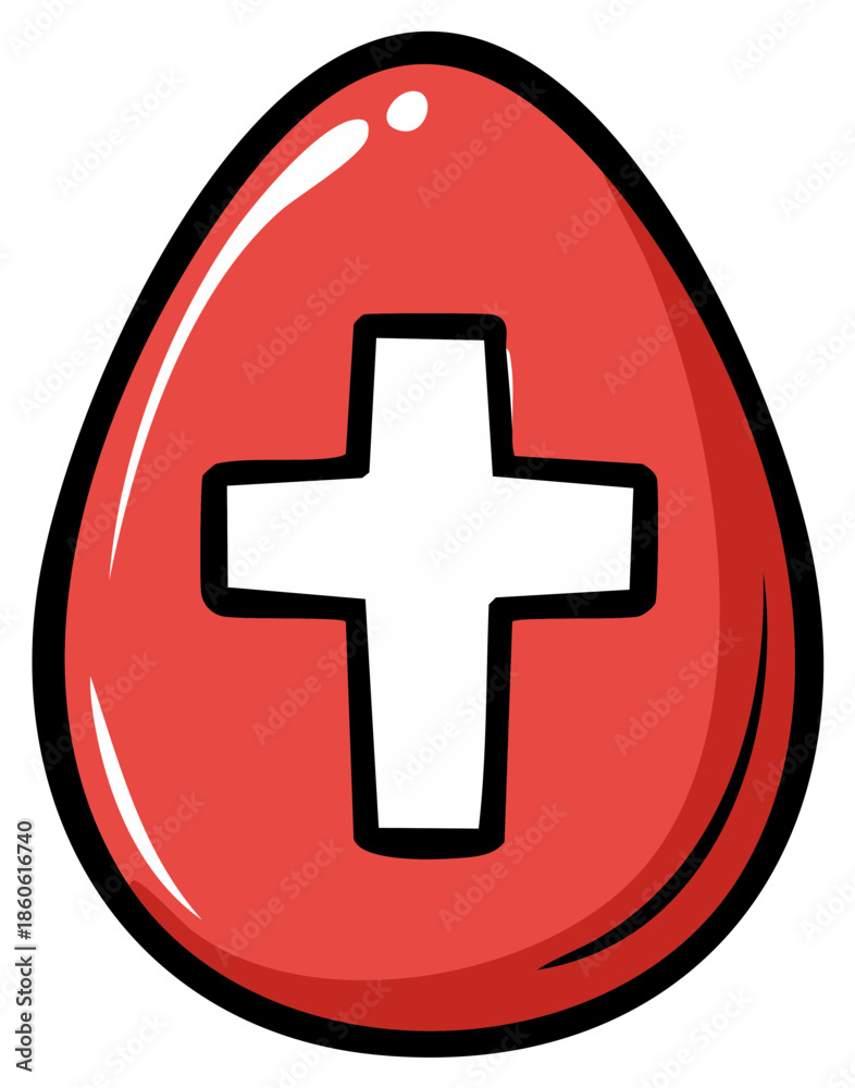 Obraz premium Shiny Red Easter Egg with a White Christian Cross Cartoon Illustration