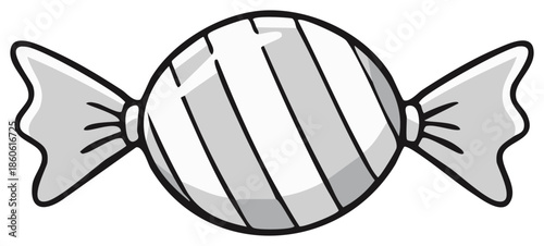 Classic candy illustration: Round sweet wrapped in twisty paper wrapper with diagonal stripes and outline details for confectionery designs
