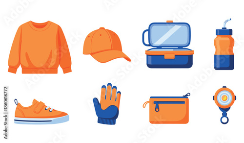 Collection of orange and blue sports accessories for outdoor activities