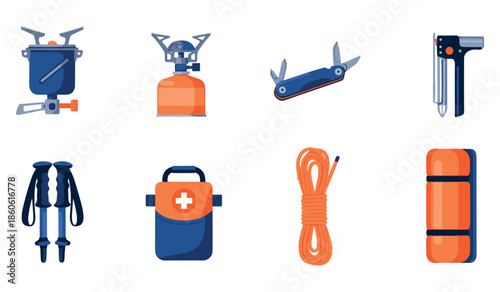 Camping gear collection: stove, multi-tool, first aid kit, rope, mat and more