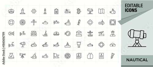 Nautical icon set. Outline icons in linear style. Vector illustration. Marine icon set. Contain linear symbols ship, sailing, travel, sail and more.