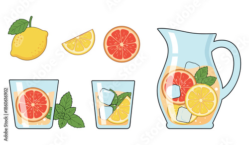 Refreshing citrus summer drinks with grapefruit, lemon, mint, ice, and pitcher