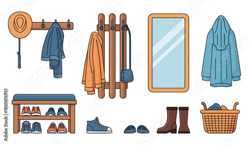 Coat rack and shoes in hallway: jackets, hat, mirror, boots, sneakers, basket