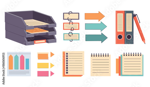 Office supplies including files, notebooks, and organizers for efficient workspace