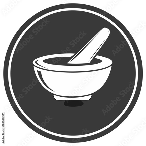 Mortar and Pestle Icon White on Dark Gray Circle Pharmacy Compounding Herbs Grinding