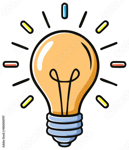 Bright Idea Light Bulb with Rays of Light and Colorful Sparks