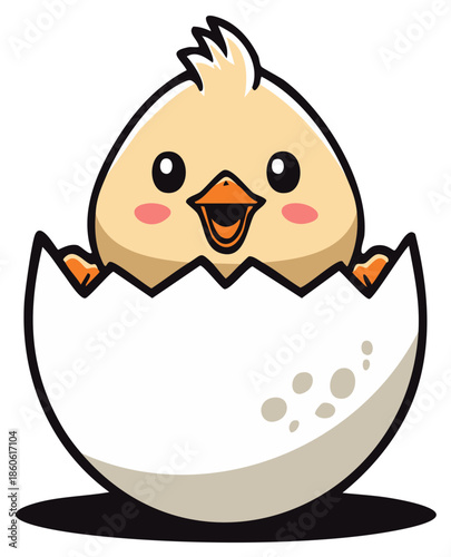 Cartoon chick hatching from an egg, smiling, cartoon illustration