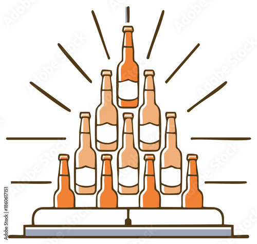 Vector illustration of a pyramid of beer bottles with radiating lines symbolizing celebration or achievement