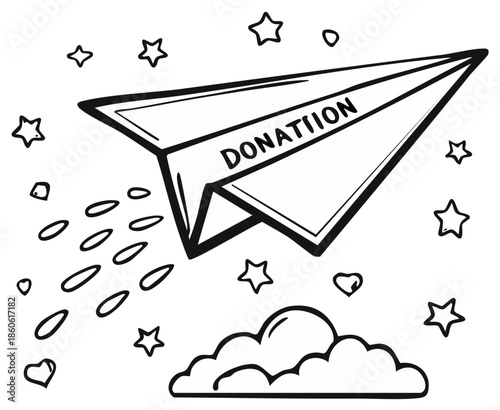 Doodle of flying paper plane with Donation word for charity support and fundraising concept