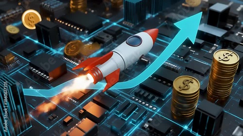 Rocket launch on circuit board with gold coins animation