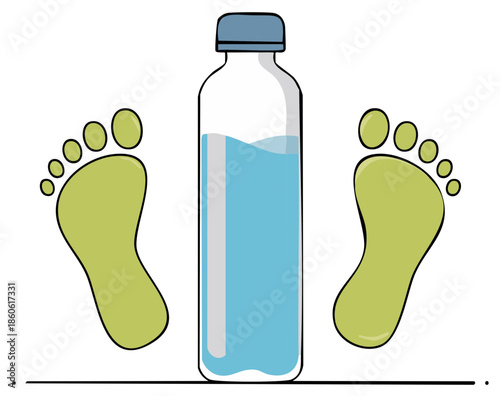 Clear Water Bottle with Blue Liquid and Green Bare Footprints Illustrating Hydration and Healthy Steps