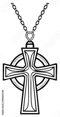 Stylized illustration of a Celtic cross necklace, vector outline, pendant hanging from chain.