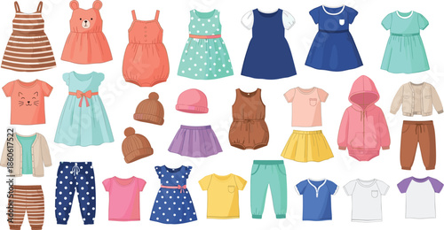 Kids and baby clothing vector set, colorful dresses shirts pants hats and outfits, cute children apparel illustration, fashion design elements