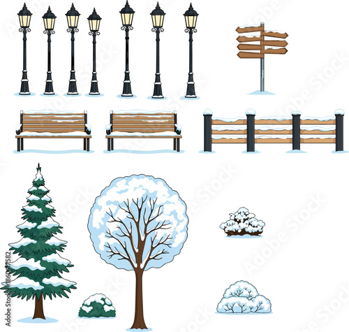 Winter park elements vector set, snowy street lamps benches fences trees and bushes, cold season outdoor nature illustration assets