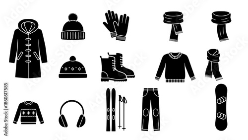 Collection of winter clothing and sports equipment icons on a white background