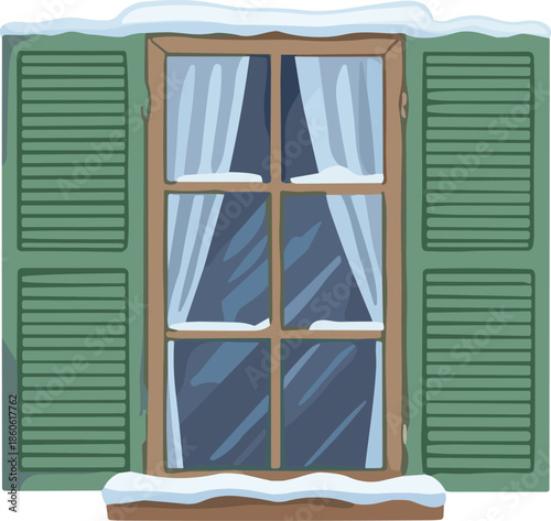 Winter house window with snow, wooden frame and green shutters, cozy home exterior illustration, cold season architectural vector design