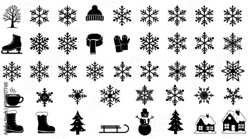 Comprehensive Set of Winter Season Graphic Elements and Silhouettes for Design Projects and Holidays