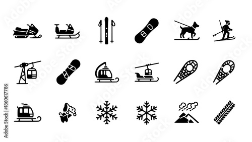 Winter Snow Sports and Activities Icons Skiing, Snowboarding, Sledding, and More