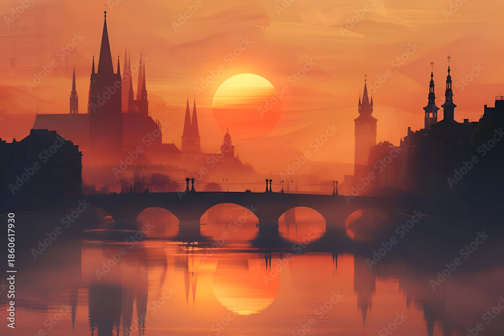 Naklejka premium Mystical sunset over misty european cityscape with historic architecture