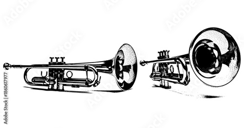 Pair of classic trumpets in detailed black and white sketch
