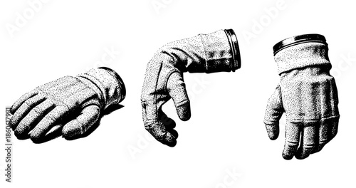 Monochrome illustration of three space gloves in various positions