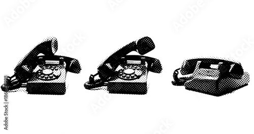 Vintage halftone rotary telephones with off-hook handset illustration