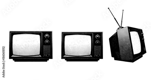 Retro black and white televisions with antennas on white background
