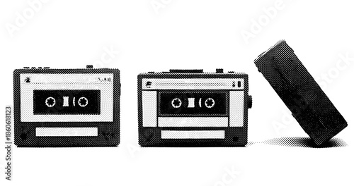 Retro cassette tapes and case in halftone style