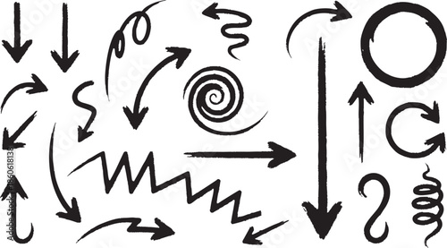 Collection of various black arrows and symbols on white background