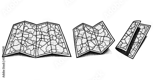 Set of three weathered vintage maps in different folding styles