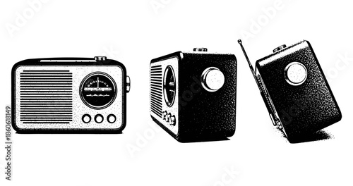 Vintage retro radio set with knobs and antenna in monochrome style