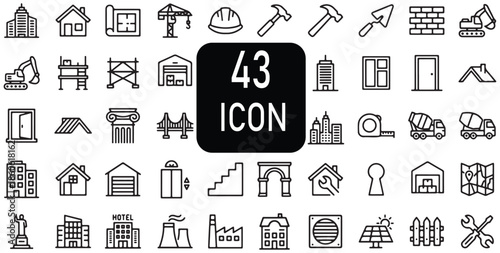 Collection of 43 black line icons on for business and construction