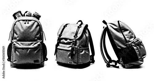 Three gray backpacks displayed in different angles in monochrome illustration