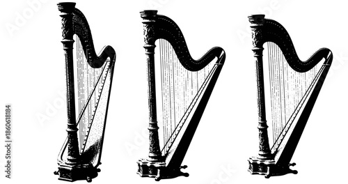 Black and white artistic illustration of three harps aligned