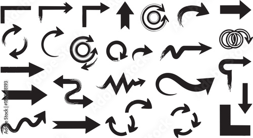 Collection of various black arrows and symbols on white background