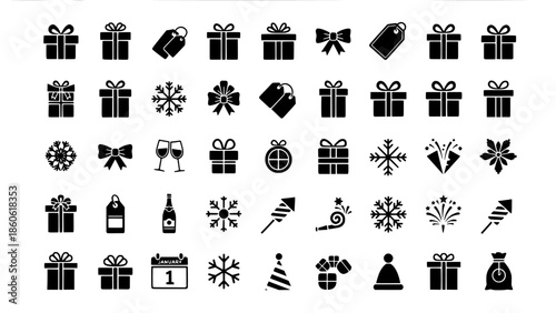 Set of Holiday and Celebration Icons Gifts, Snowflakes, Champagne, and Party Poppers
