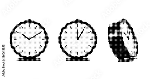 Black and white halftone pattern analog clocks on white background