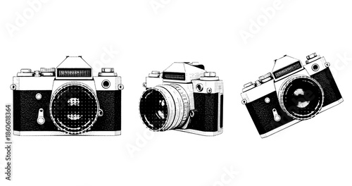 Retro vintage camera collection in black and white dot style
