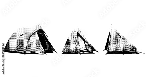 Black and white pop art tents illustration with halftone design