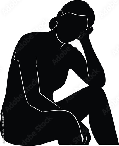 A silhouette of a woman sitting in a contemplative pose with her hand on her face