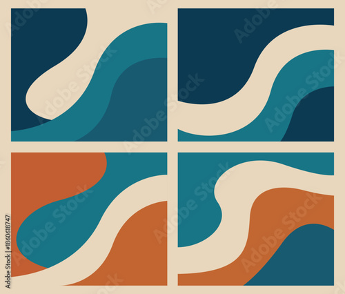 set of abstract backgrounds. wave shapes in vintage retro palette covering backdrop.
