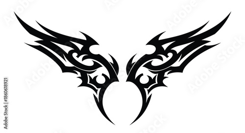 Tribal tattoo design with stylized wings and curved blades