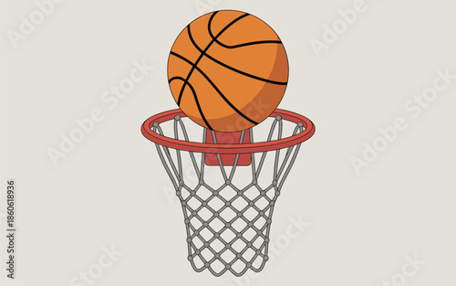 Classic basketball ball falling through a red rim and net vector illustration for sports designs.