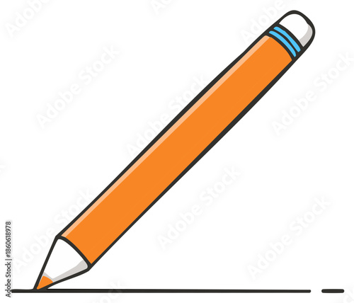 Orange pencil drawing a black line with eraser and blue rings on top