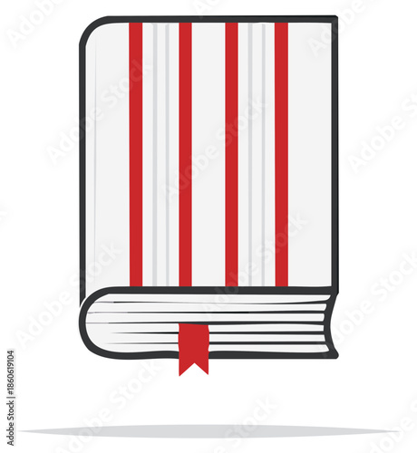 Hardcover book with red and white vertical stripes and red bookmark