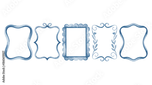 A collection of five decorative frames with unique blue and floral designs